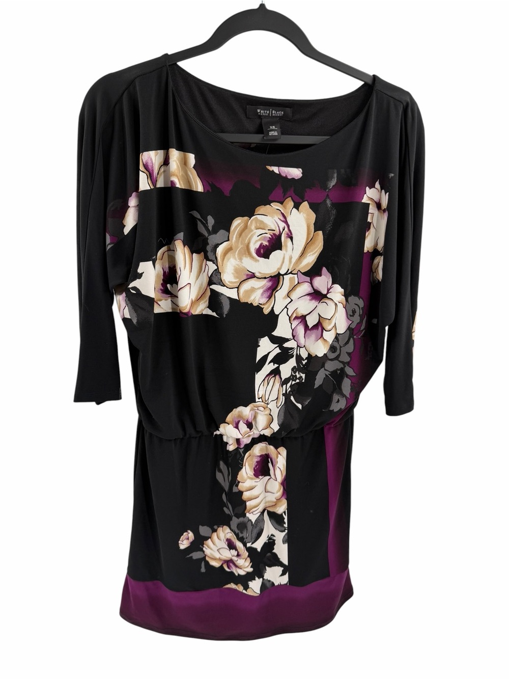 White House Black Market Dress Size XS black purple floral print 3/4 sleeve New‎